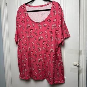 Butterfly Blouse Womens 2X Pink Pullover Short Sleeve Scoop Neck Top Stretch